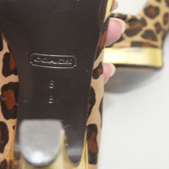 Coach Women's 8 Leopard Print Satin Peep Toe Gold Heels Daisey - Picture 9 of 11